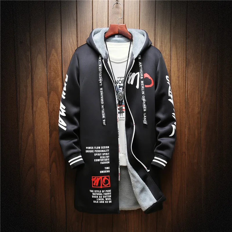 

Winter Slim Long Trench Coat Men Letter Print Style Hooded Overcoat Black Hip Hop Streetwear Autumn Korean Mens Jacket