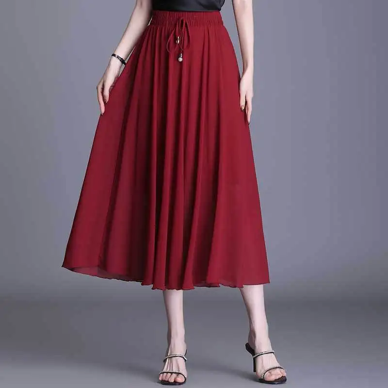 

Женская длинная юбка с высокой талией, красная Повседневная Свободная юбка с поясом на резинке, винтажная пляжная юбка, модель 2021 на лето, 2115