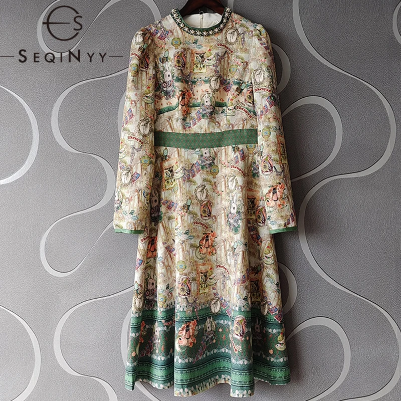 

Женское платье-трапеция SEQINYY, с винтажным принтом в виде животных, с кристаллами и бисером, осень-весна