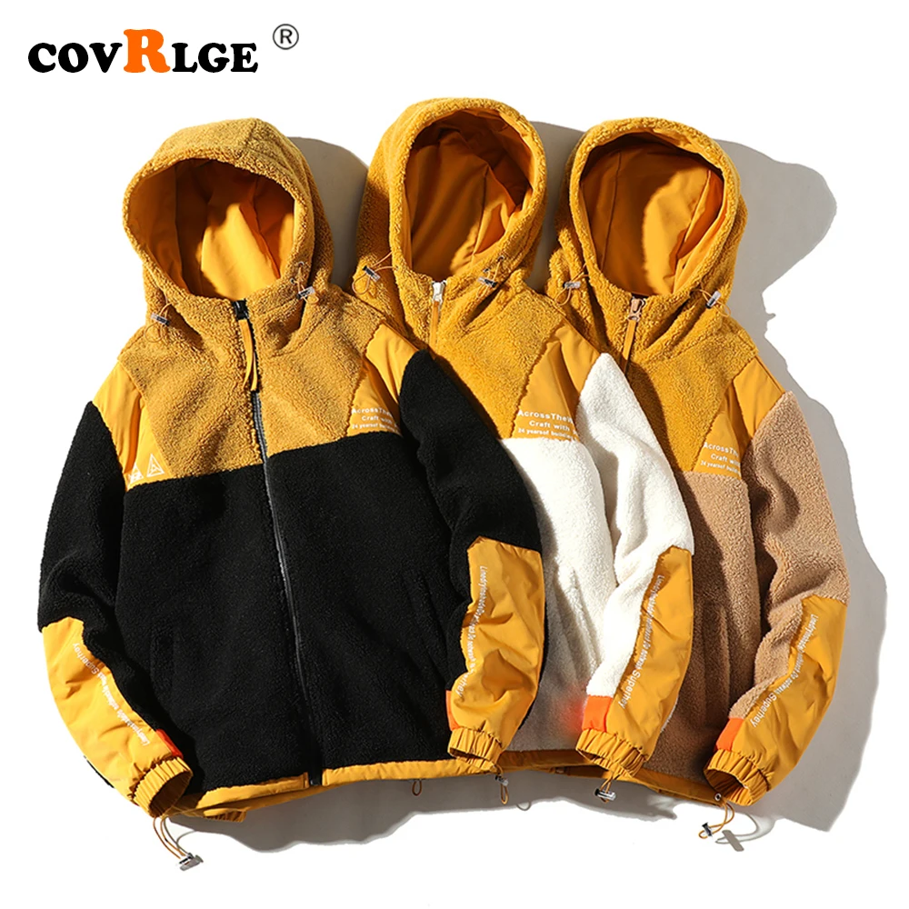 Covrlge Autumn/winter Style New Loose and Large Print Lamb Jacket Hooded Patchwork Color Coat Hip Hop Streetwear MWM101