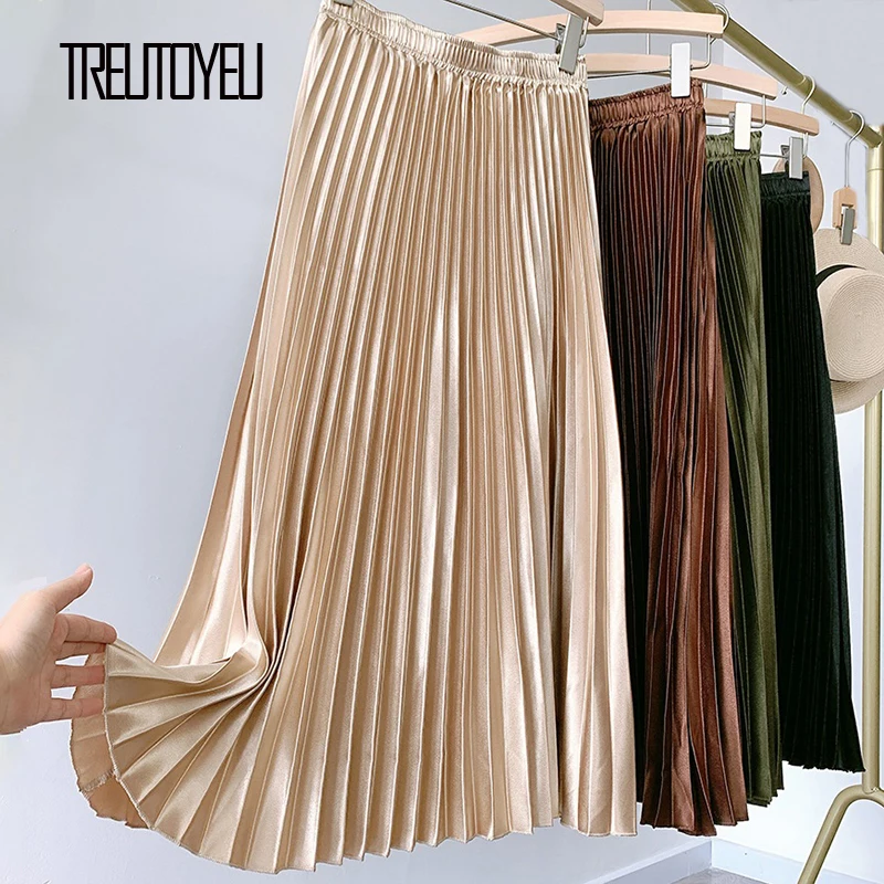 Treutoyeu Gothic Metallic Black Pleated Long Skirt Vintage High Waisted A Line Satin Skirts Womens Korean Style 2020 Winter