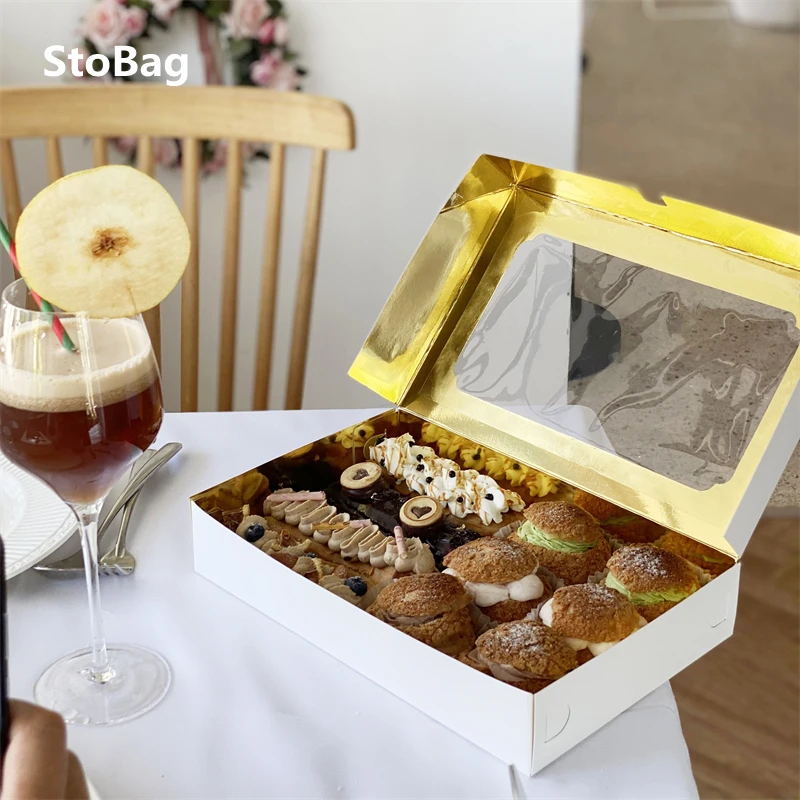 

StoBag 5pcs Gold White Dessert Packaging Box Puffs Swiss Roll Cake Favor With Clear Window Birthday Party Gift CookiesDecoration