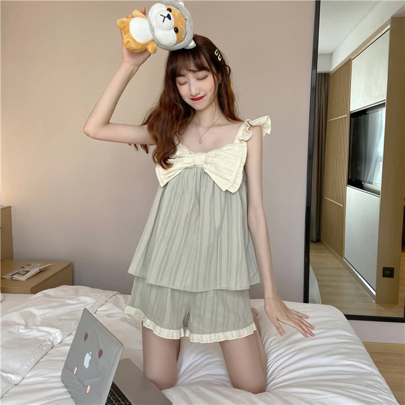 Летняя Милая свободная ночная рубашка с бантом и рукавами оборками для девочек