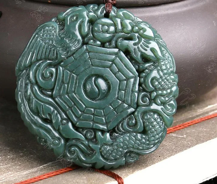 

Natural Green Hetian Jades Pendant 3D Carved Round BaGua With Dragon Phoenix Pendants Women Men's Amulet Nephrite Jades