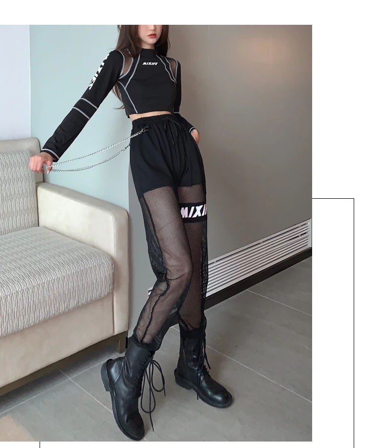 

Summer elastic waist net pants female jazz sexy beam overalls letter embroidery mesh top suit women trouser