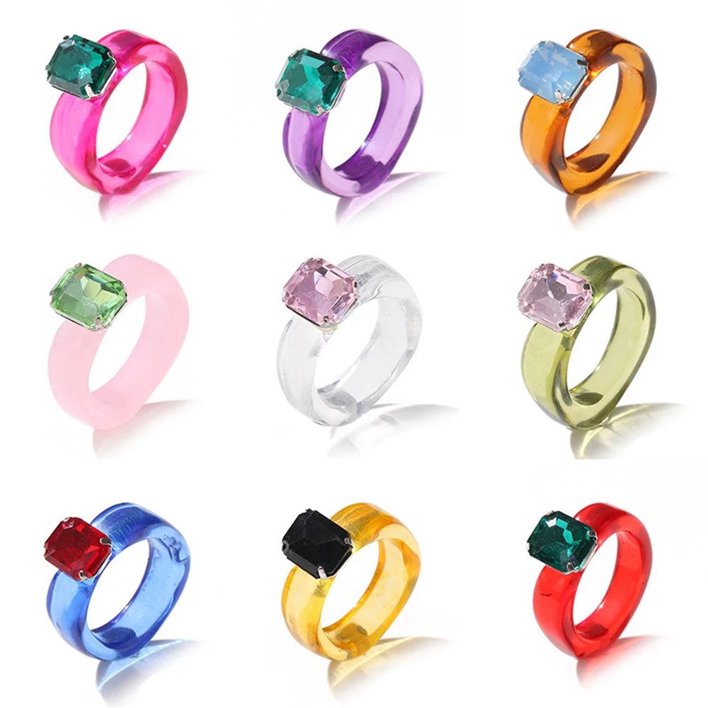 

2021 Trend Colorful Women's Resin Mood Ring Vintage Simple Acrylic Rings With Rhinestone Geometric Hip Hop Plastic Rings Jewelry