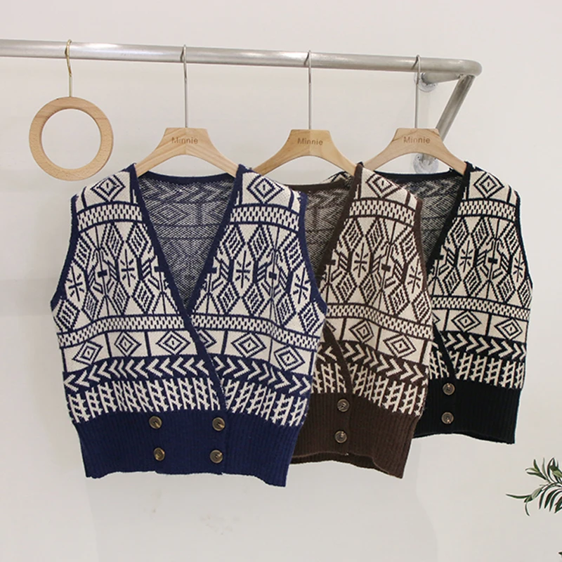 

Women's Autumn Spring Knitted Vest Vintage Printing Female Sweater Vest Deep V Neck Sleeveless Double Breasted Casual Outwear