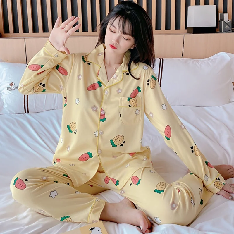 

New Cardigan Lapel Pajamas Turn-down Collar Casual Women's Home Service Two-piece Suit