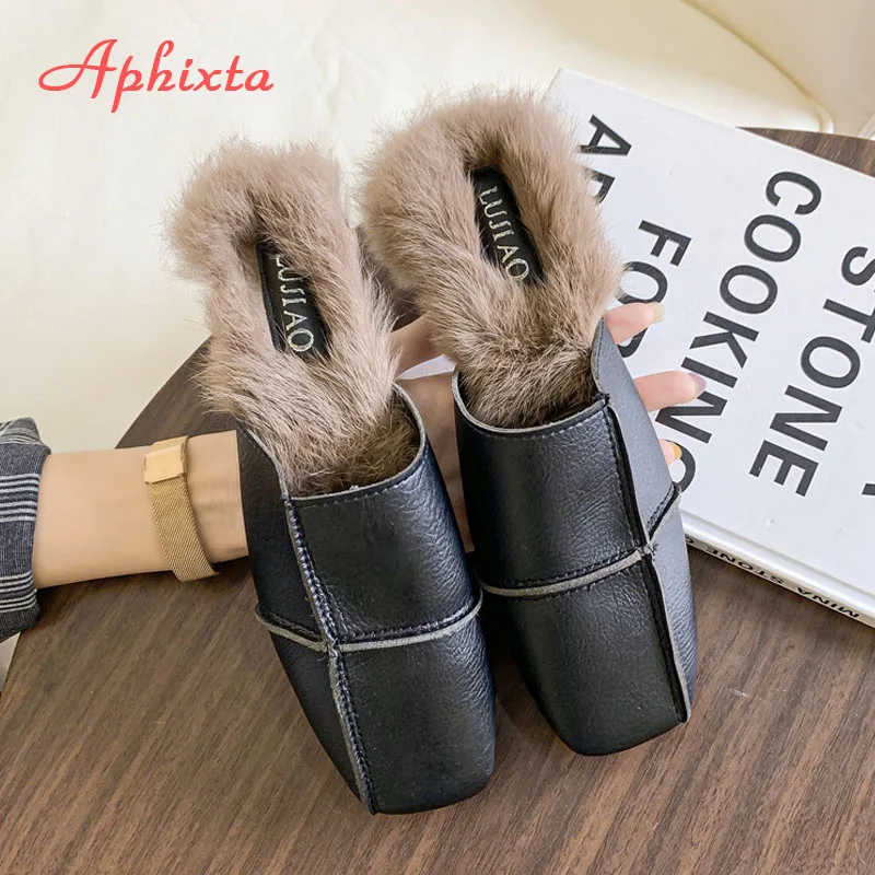 Aphixta/зимние теплые женские шлепанцы с натуральным кроличьим мехом; женские пушистые тапочки; женские шлепанцы на плоской подошве с квадратным носком - Цвет: Black