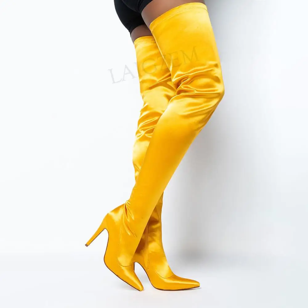 

Женские высокие сапоги laigзем, атласные сапоги с острым носком на высоком каблуке, Дамская обувь с боковой молнией, женские сапоги большого р...