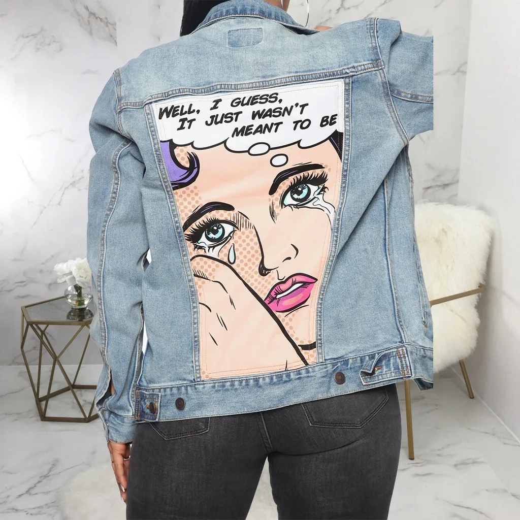 

Sexy Fashion Women Denim Jacket Cute Cartoon Pattern Patchwork Coats Long Sleeve Single-breasted Pockets Streetwear Denim Coat
