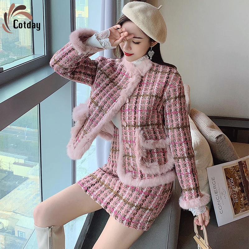 

Cotday Single Breasted Autumn And Winter New Small Fragrance Pink Coat Suit Tweed Foreign Style Age Reduction Two Piece Set