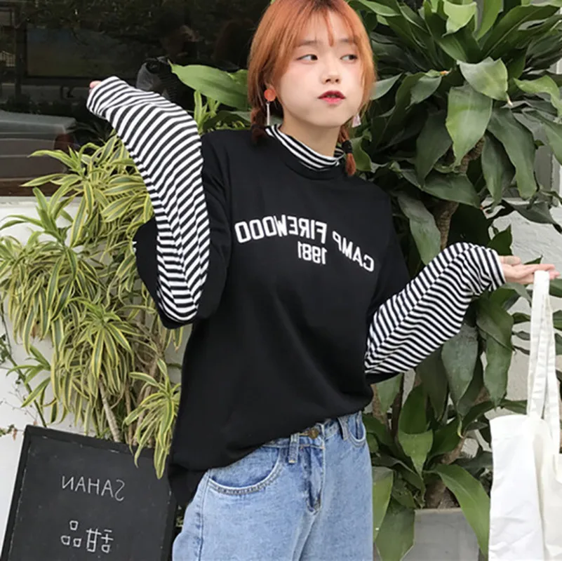 

summer Harajuku patchwork Fake two Tops womens Autumn Long Sleeve letter print Striped Boyfriend T-shirt women tee shirt femme