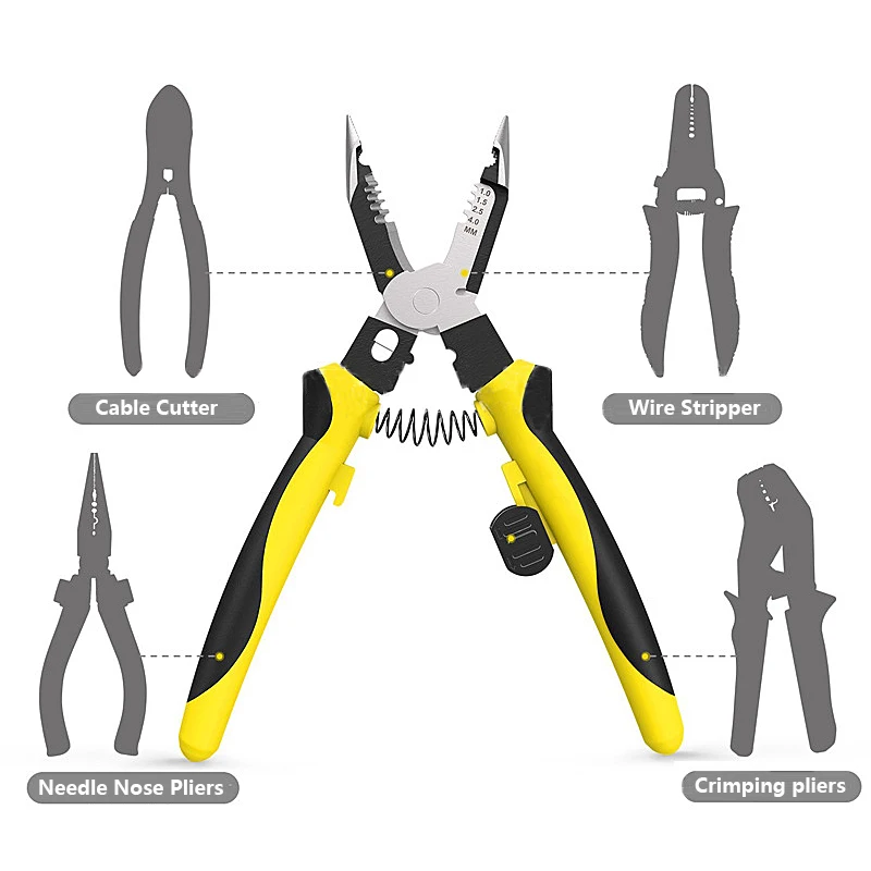 

JUNEFOR Multifunctional Electrician Pliers Long Nose Pliers Wire Stripper Cable Cutter Terminal Crimping Hand Tools Multitool
