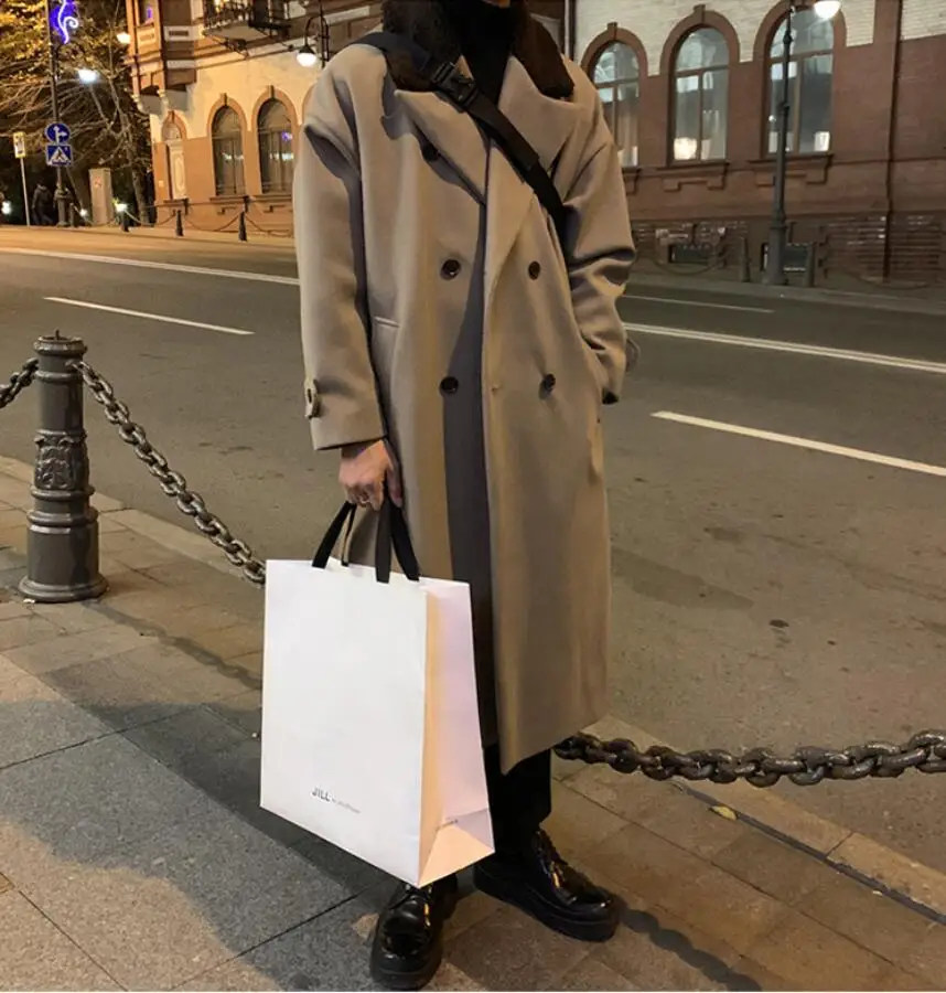 

Khaki Windbreaker Men's Mid-length Winter Clothes Korean Version Of The Trend Loose Warm Double-breasted Woolen Coat Couple Jack