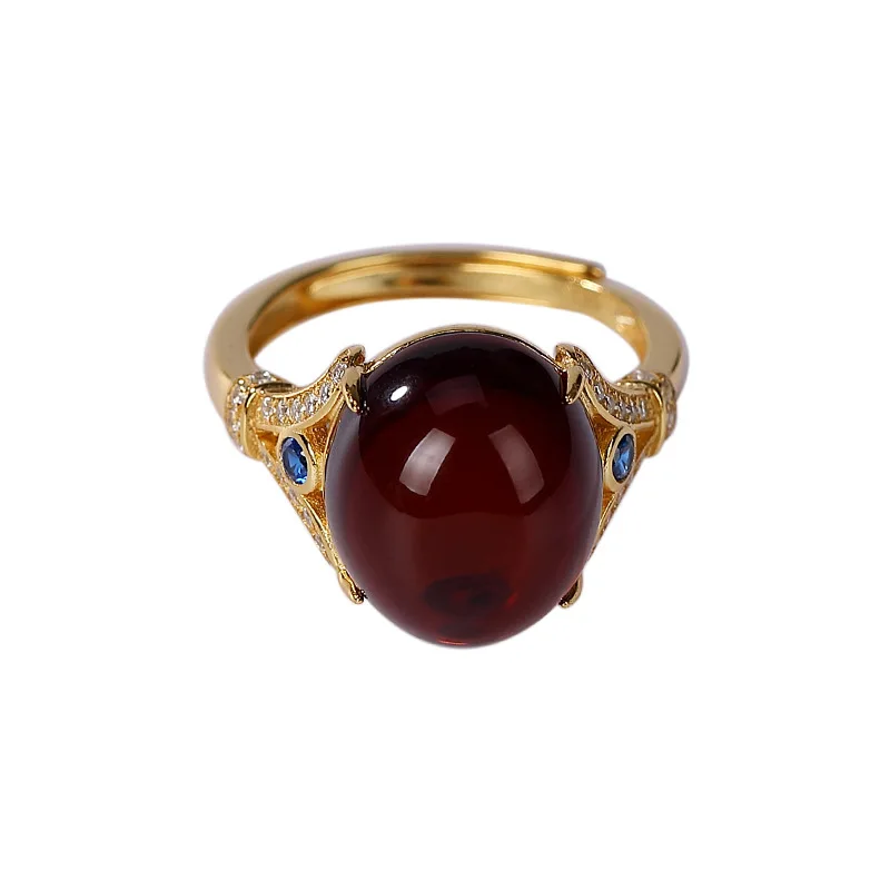 

S925 sterling silver gold plated Inlay Natural Amber Blood Amber Ring Personality Fashion Egg noodles Ladies ring