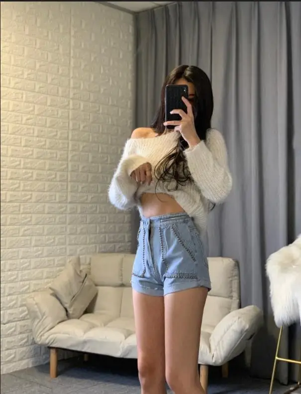 Женские прямые широкие шорты с заклепками Короткие свободные неэластичные из