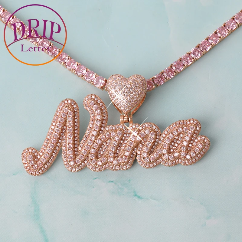 Custom Name Bubble Letter Pendant Pink Stones Women Necklace Rose Gold Plated Hip Hop Jewelry