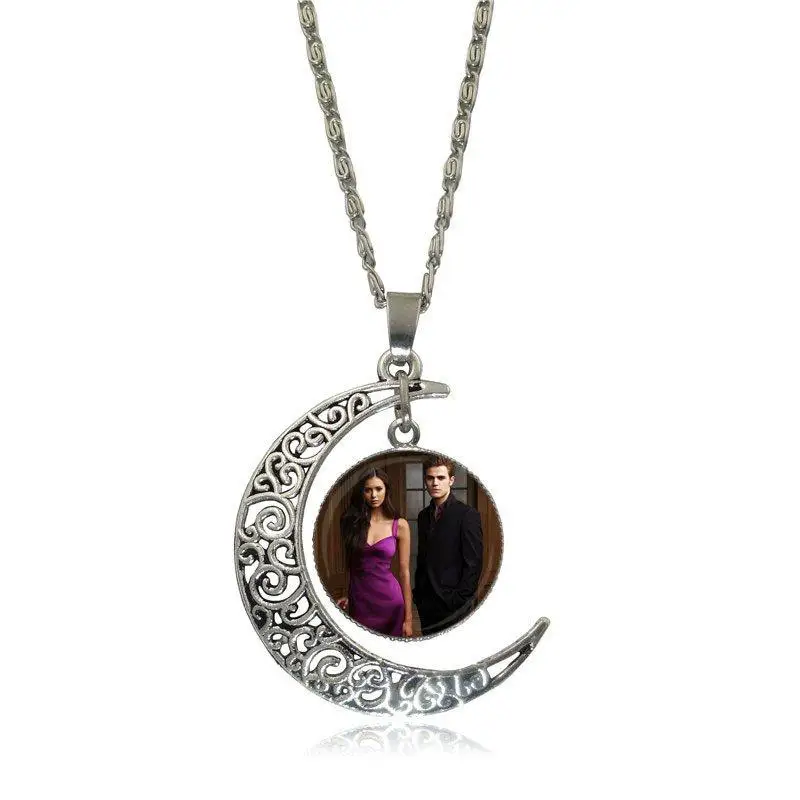 

For Men Women Vampire Diaries Vintage Jewelry Silver Color Glass Cabochon Choker Crescent Moon Pendant Long Necklace