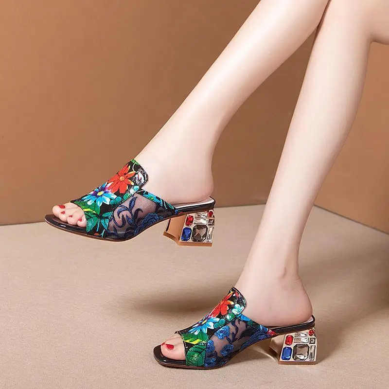 

2021 Chinese Style Women Sandals Slides,Summer Heels,Peep toe,Rhinestone Heel Cool Shoes,Female Footwear,BLUE,RED,Dropshipping
