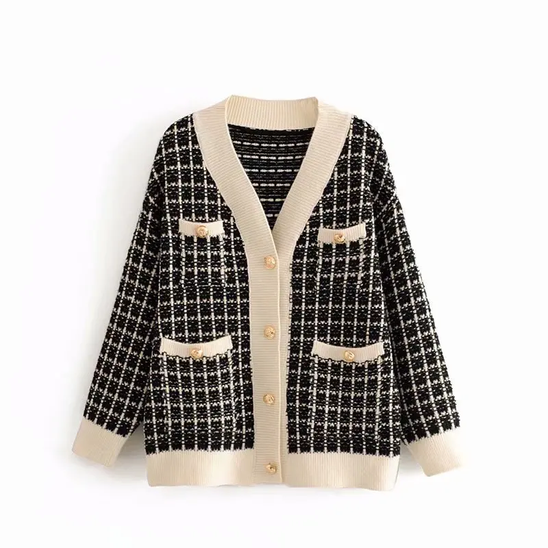 

Women Clothes 2019 Autumn and Winter Clothes Women Retro V-neck Bright Silk Lattice Cardigan Women Sweater Women Casaco Feminino