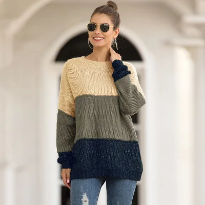 

2021 Autumn Winter New Women's Fashion Long Sleeve Stripe Color Matching Turtleneck Sweater Knitwear 4 Colors