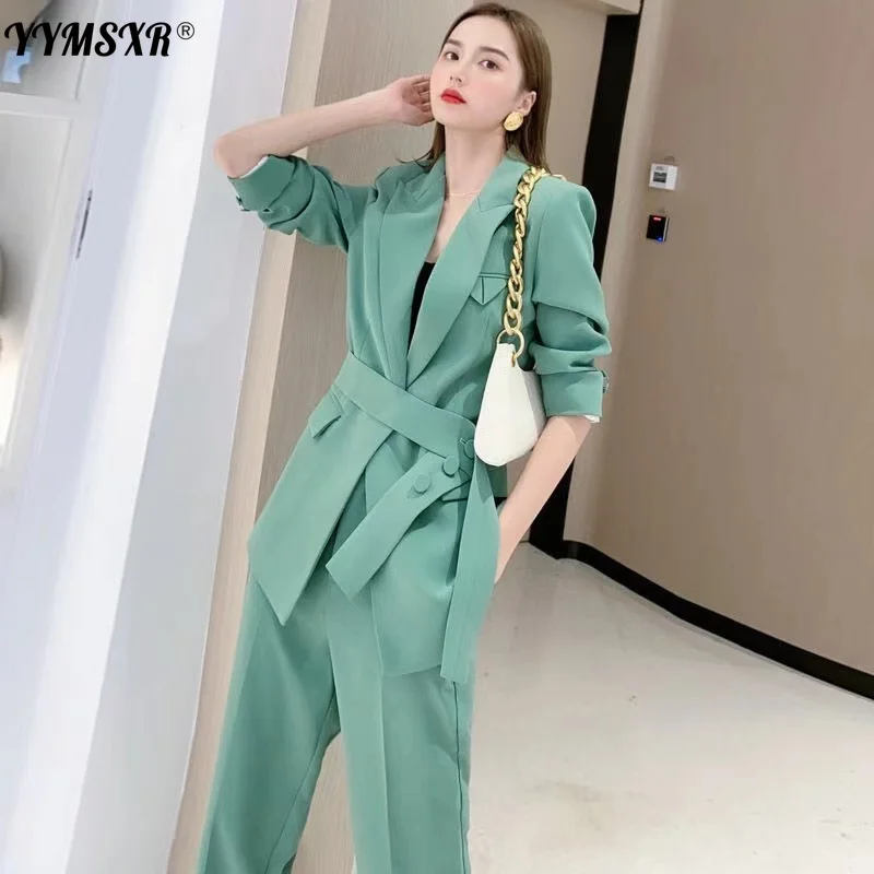 

Fashionable Women's Temperament Suit Pants 2-piece Set of High Quality 2021 Autumn Slim Ladies Blazer+ High-waist Wide-leg Pants