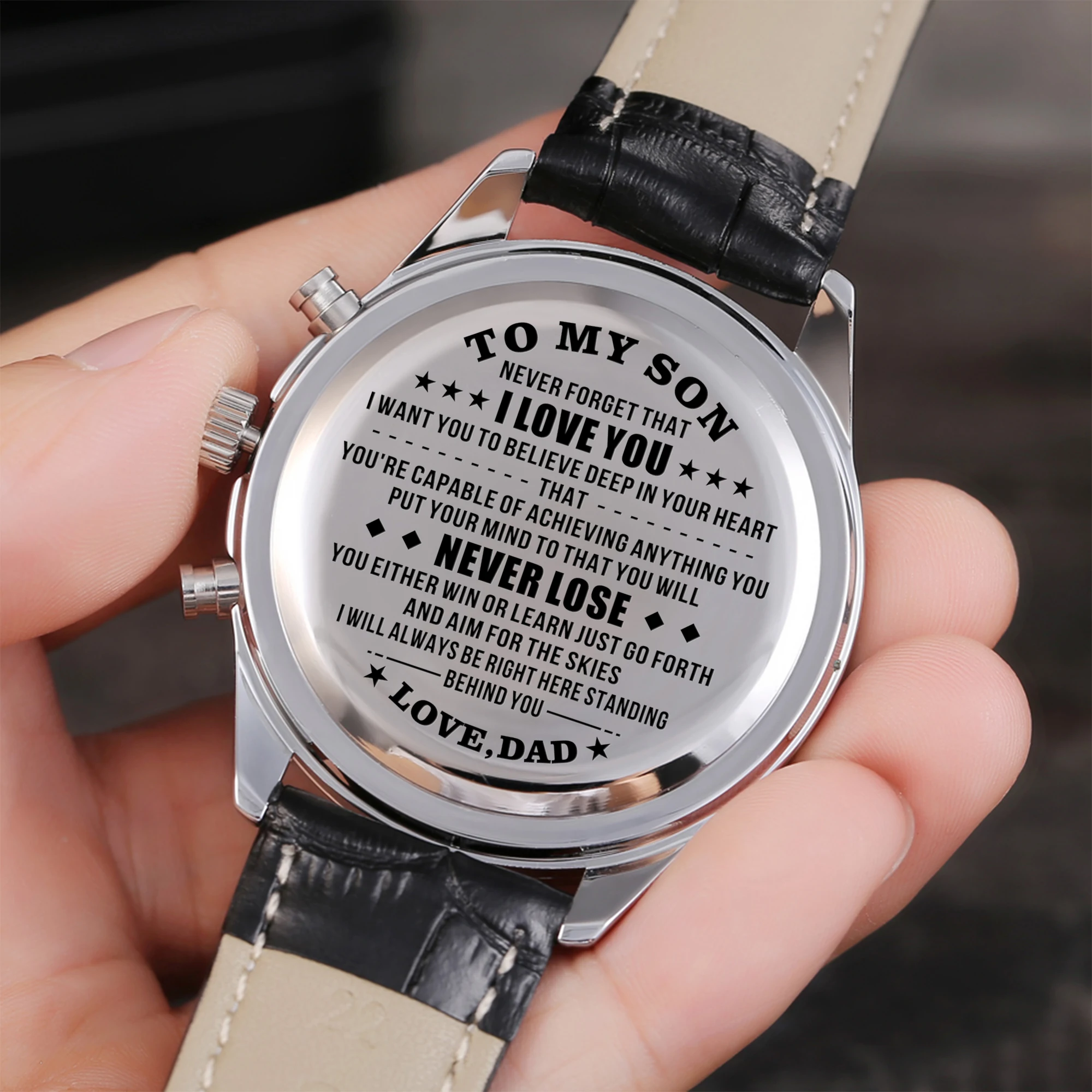 

Dad To My Son Luxury Fashion Leisure 30m Waterproof Engraved Watches Calendar 24-hours Seconds Dail Analog Men Watches