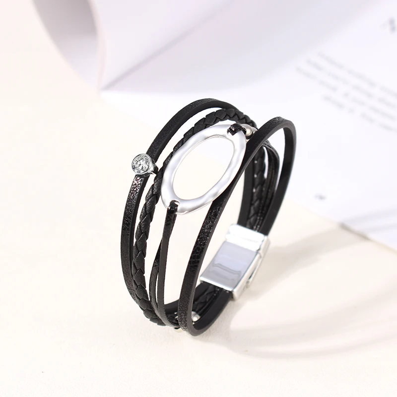 Браслет с овальной веревкой и магнитной пряжкой черный многослойный браслет
