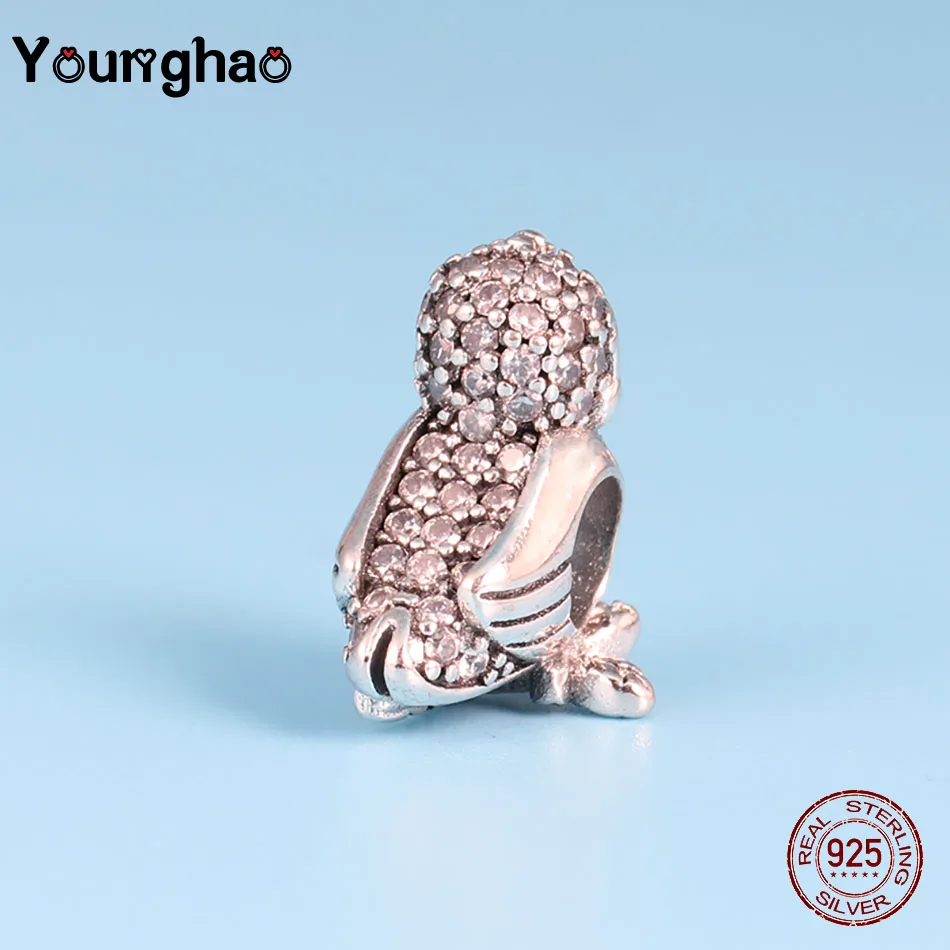 Younghao 100% настоящие 925 пробы серебряные бусины с милой совой для бисероплетения
