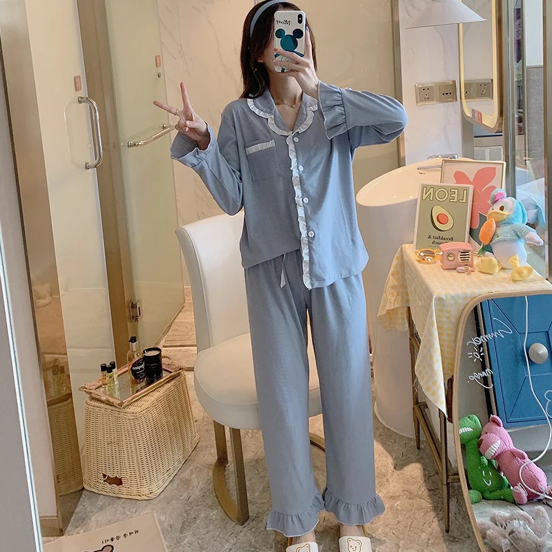 

Pure Cotton Cardigan Women's Sleepwear Female Spring and Autumn Lace gong zhu feng Long-Sleeve Suit Students Summer Winter Home