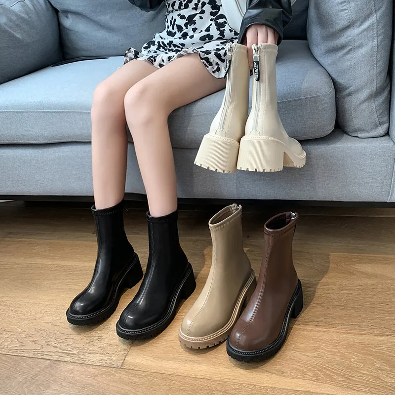 

Ladies Mid Calf Boots Shoes Thick Bottom Height Increasing Zipper Women's Fashion Female Shoes British Ankle Boots PU Waterproof