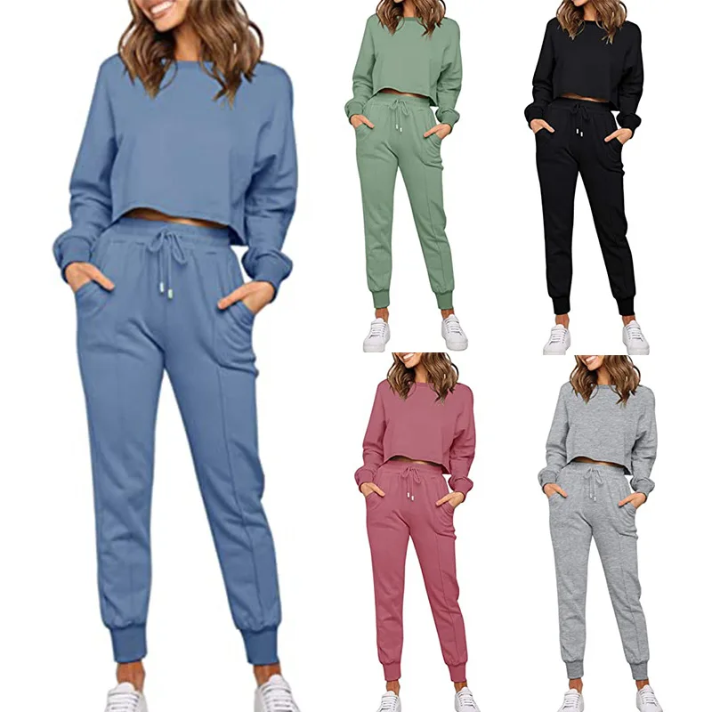 2021 Autumn and Winter New Leisure Fashion Solid Color Long-Sleeved Sweater Pants Two-Piece Sports and Leisure Suit for Women