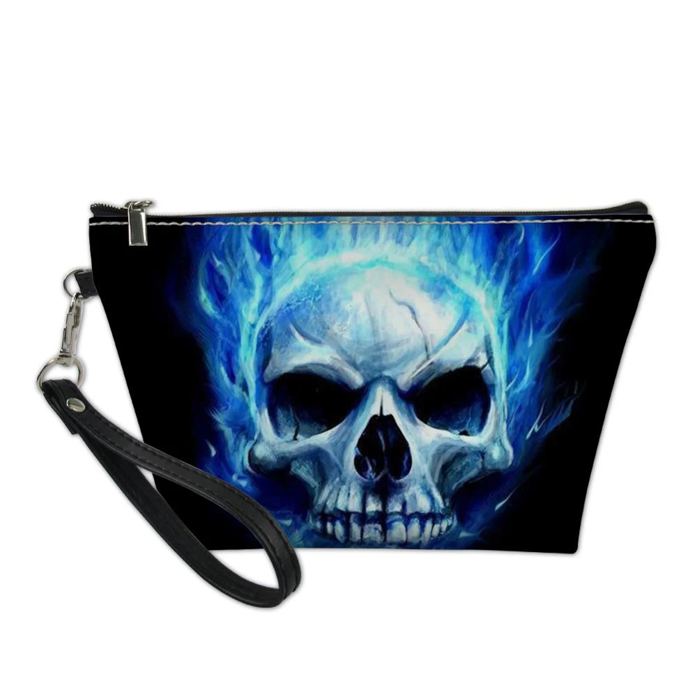 

Blue Flame Skull Print Cosmetic Bag Women Daily Necessity Bag PU Leather Toiletry Pouch Makeup Organizer Bags Fire