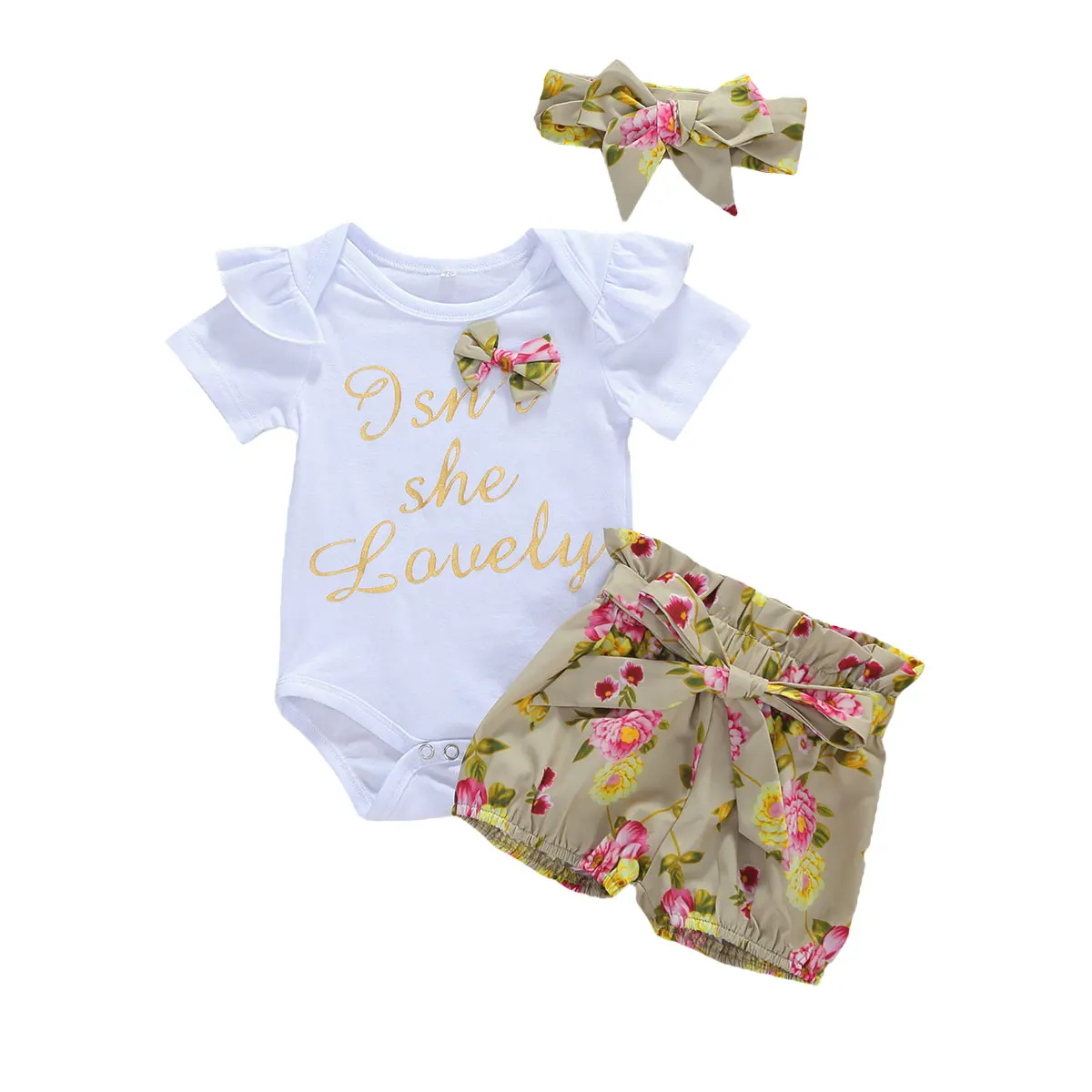 

Pudcoco Sweet Infant Girls Outfit Summer Letter Print Short Sleeve Bodysuit Top + Creative Flower Shorts + Headband Set 2020 New