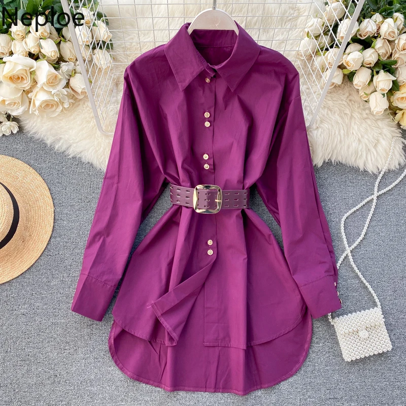 Однотонная женская рубашка с поясом весна 2020 Повседневная однобортная блузка