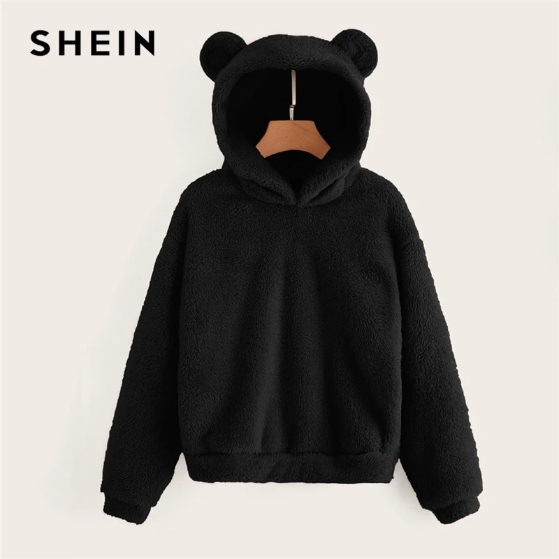SHEIN Однотонный Свитшот С Капюшоном Модная Толстовка Тедди С Длинным Рукавом