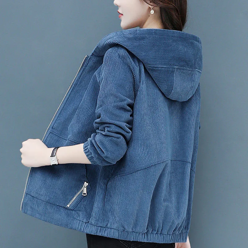 

Women Corduroy Jackets Spring Autumn Plus Size Solid Color Loose Outwaer Female Casual Middle-aged mother Hooded Overcoats