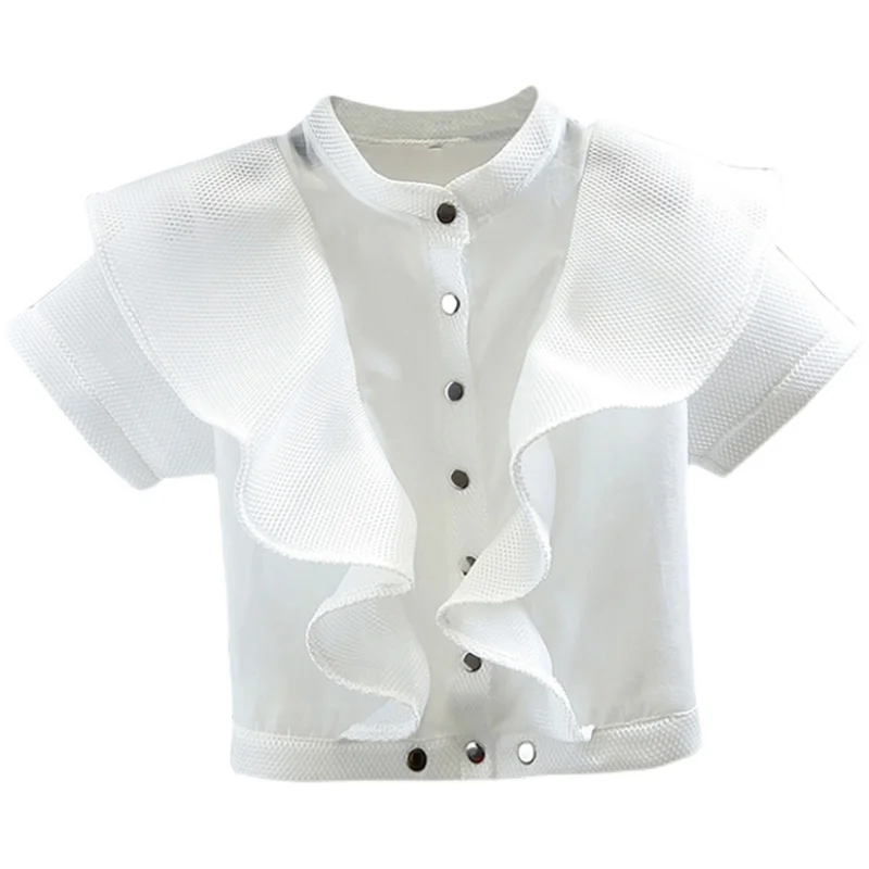 

2021 Summer Short Sleeve Shirt for Women Sweet Mesh Flounced Single-Breasted Short Organza Shirts Women's Blouses All-Match Top