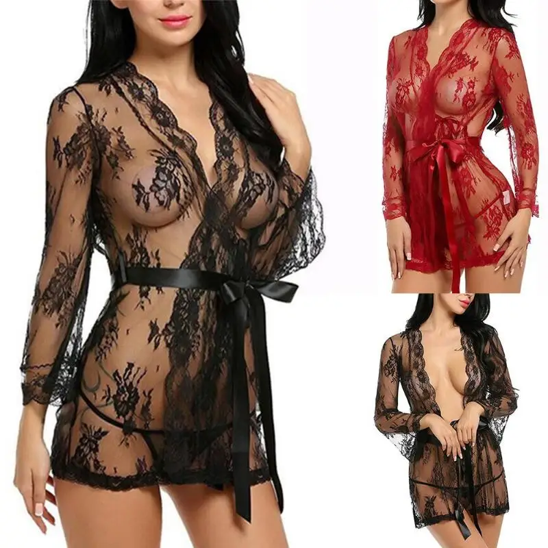 Сексуальное эротическое кружевное нижнее белье халат женское прозрачная