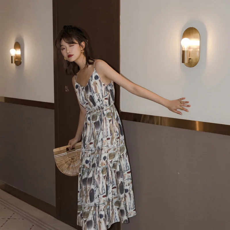 

LANMREM Women V-neck Sleeveless Dress Print A-line Drawstring Dress Casual Fit Female Fashion Tide Summer 2021 New 2H0058