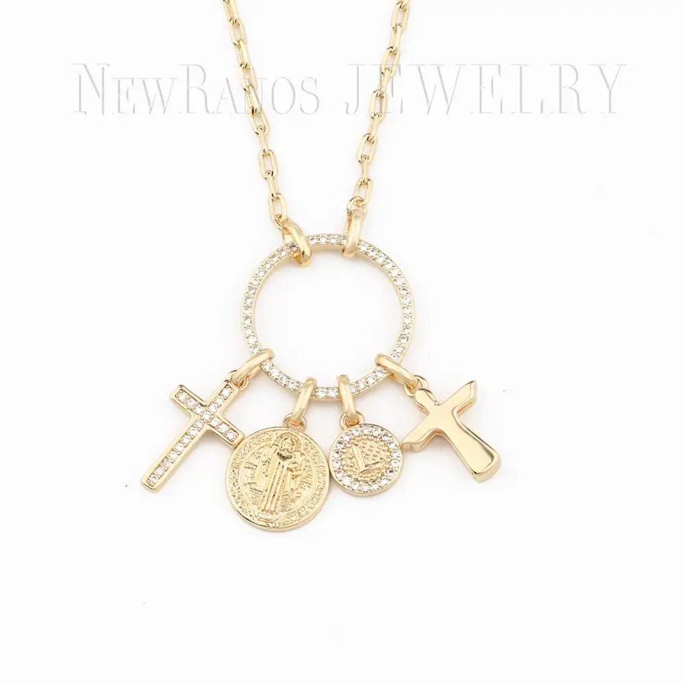 Длинное круглое ожерелье с цепочкой двойным крестом из фианита золотого цвета