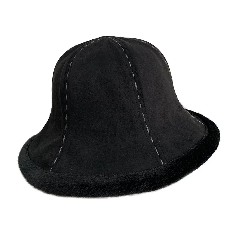 

Autumn and Winter Hats Female Deerskin Velvet Double-sided Fisherman Hat with Raw Edges To Keep Warm Thick Basin Hat