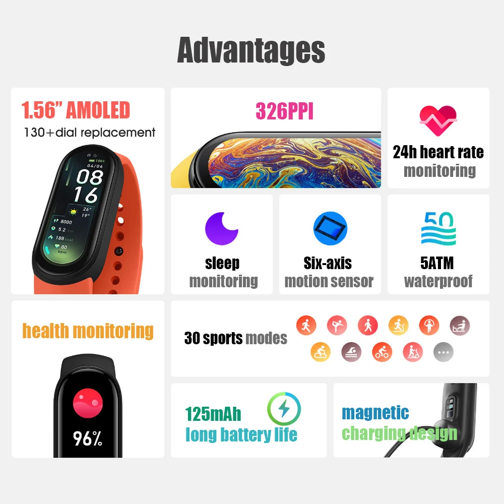 Смарт часы Xiaomi Mi Band 6 1 56 дюйма AMOLED BT5.0 30 спортивных режимов|Смарт-браслеты| |