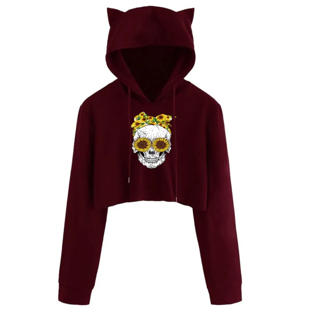 2020 Модные женские короткие толстовки с длинным рукавом и принтом черепа Пуловеры