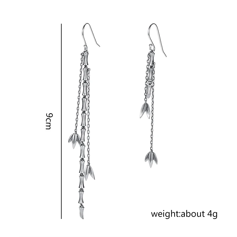 

V.YA Real S925 sterling silver vintage ethnic drop earrings bamboo design long tassel AB version Thai silver earrings
