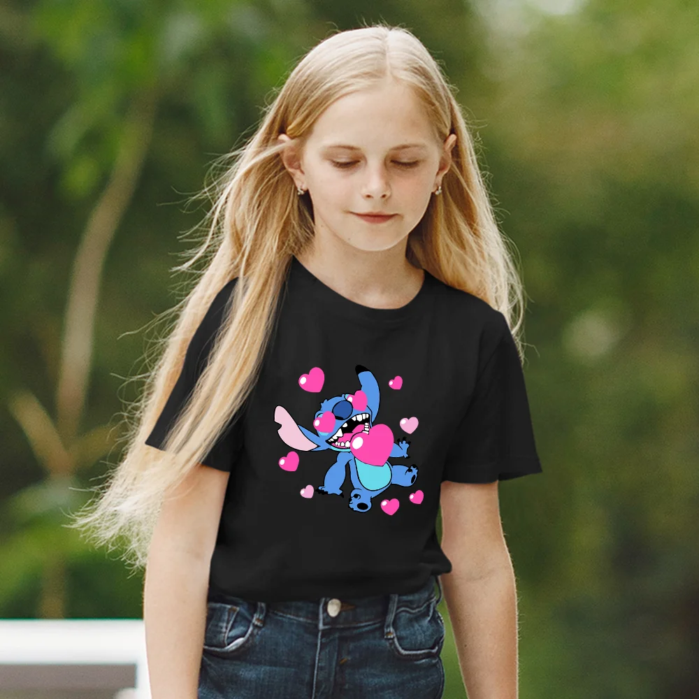 

Disney Kids Black White Tees Unisex Lilo & Stitch T-Shirts Summer New Products Fashion Round Neck Comfort Dropship T Shirts Top