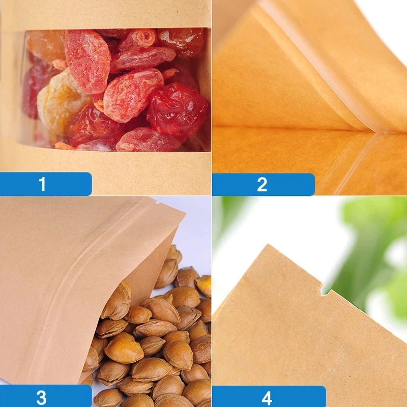 Kraft Paper ziplock bag with Window Food Storage Tea Dried Fruit Gift Coffee Bean Candy Home kitchen organizer Packaging 50 Pcs | Дом и сад