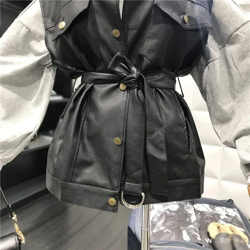 Женский Байкерский жилет черный из искусственной кожи на кнопках без рукавов