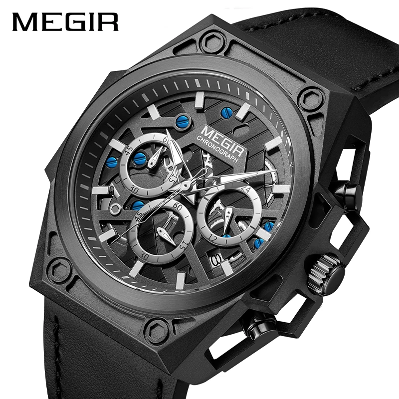 

MEGIR Black Stainless Steel Men Watches 2021 Luxury Waterproof Sport Wrist Watches for Men Military Watch Clocks Dropshipping